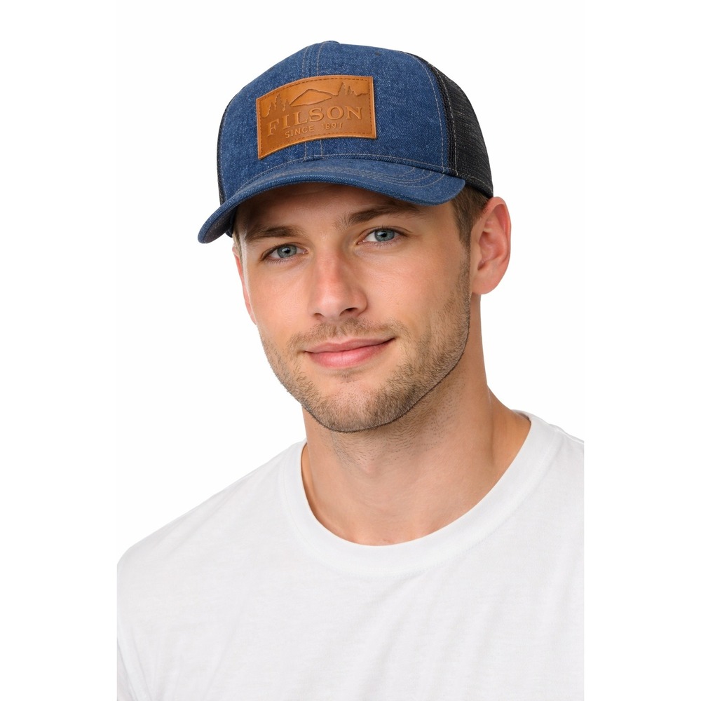 Filson Mens Blue Denim Logger Mesh‎ Trucker Hat Leather Logo Patch Snapback Cap